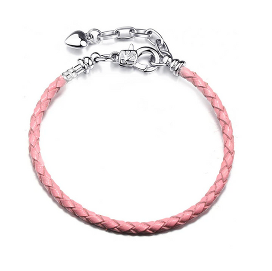 Silvertone Pink Braided Leather Charm Bracelet