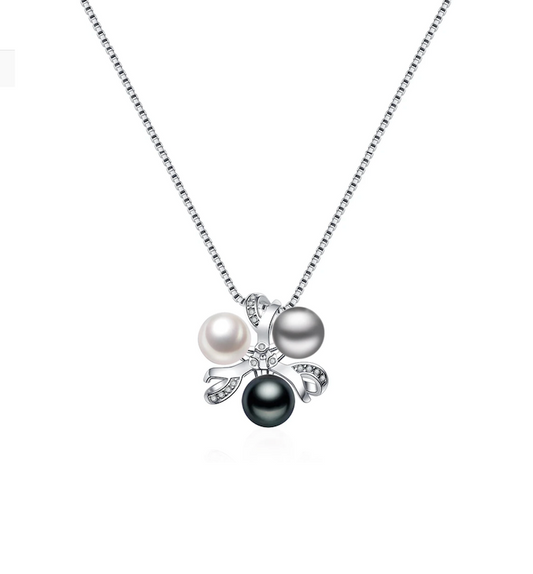 Sterling Silver & CZ Clustered White, Black & Grey Freshwater Pearl Pendant Necklace - Signature Pearls