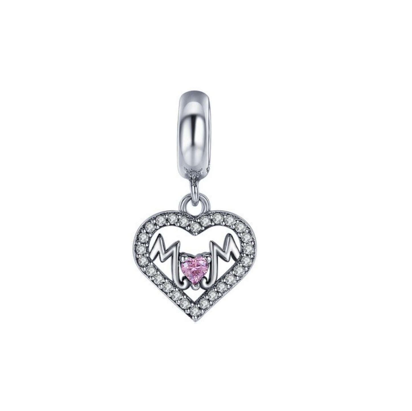 Pink Cubic Zirconia & Sterling Silver Heart 'Mom' Charm