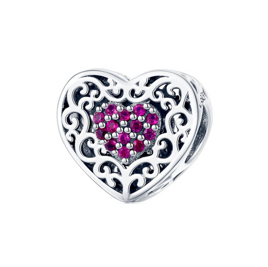 Cubic Zirconia & Sterling Silver Braided Heart Fuchsia Charm