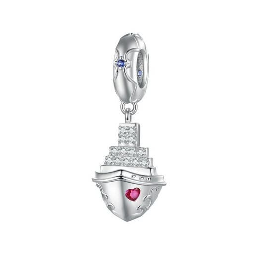 Red Cubic Zirconia & Sterling Silver Love Boat Charm