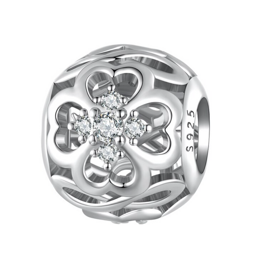 Cubic Zirconia & Sterling Silver Clover Round Charm