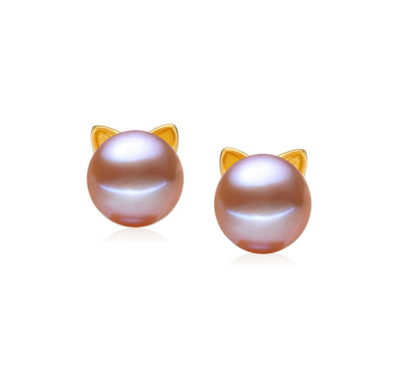 Mauve Freshwater Pearl & 18k Gold-Plated Cat Ear Stud Earrings