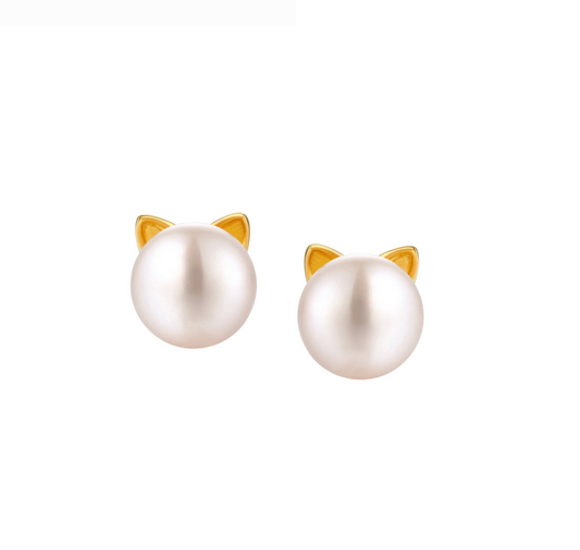 White Freshwater Pearl & 18k Gold-Plated cat Ear Stud Earrings