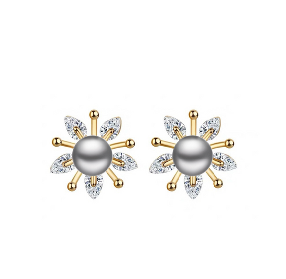Gray Freshwater Pearl & Cubic Zirconia Flower Stud Earrings