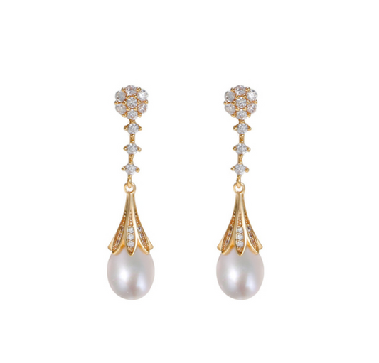 Gold plated Sterling Silver White Freshwater Pearl & Cubic Zirconia Pave Drop Earrings