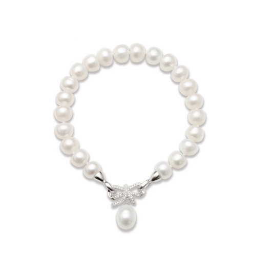 Freshwater Pearl & Sterling Silver Bow Charm Bracelet
