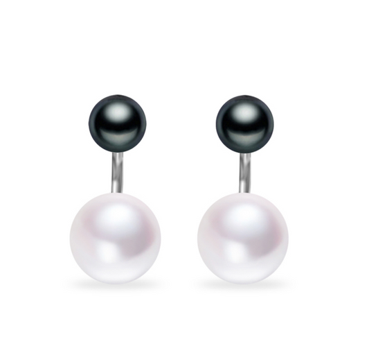 Sterling Silver Black & White Double Freshwater Pearl Stud Earrings - Signature Pearls