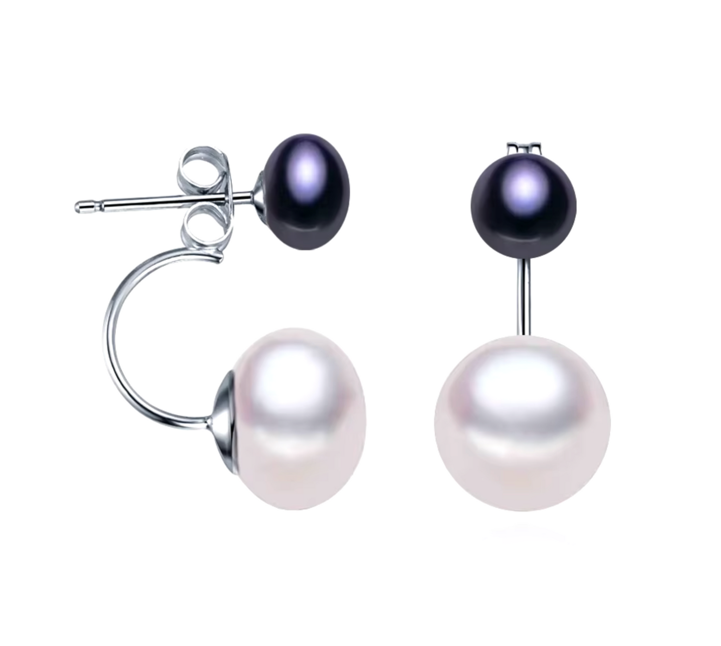 Sterling Silver Black & White Double Freshwater Pearl Stud Earrings - Signature Pearls