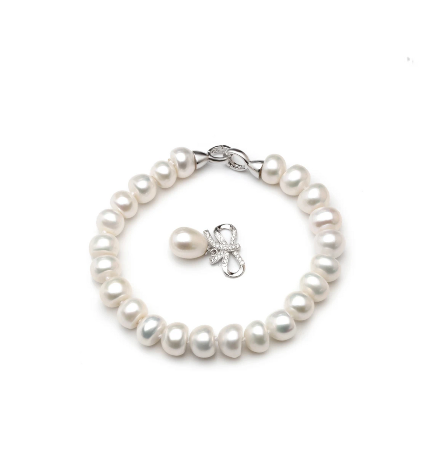Freshwater Pearl & Sterling Silver Bow Charm Bracelet