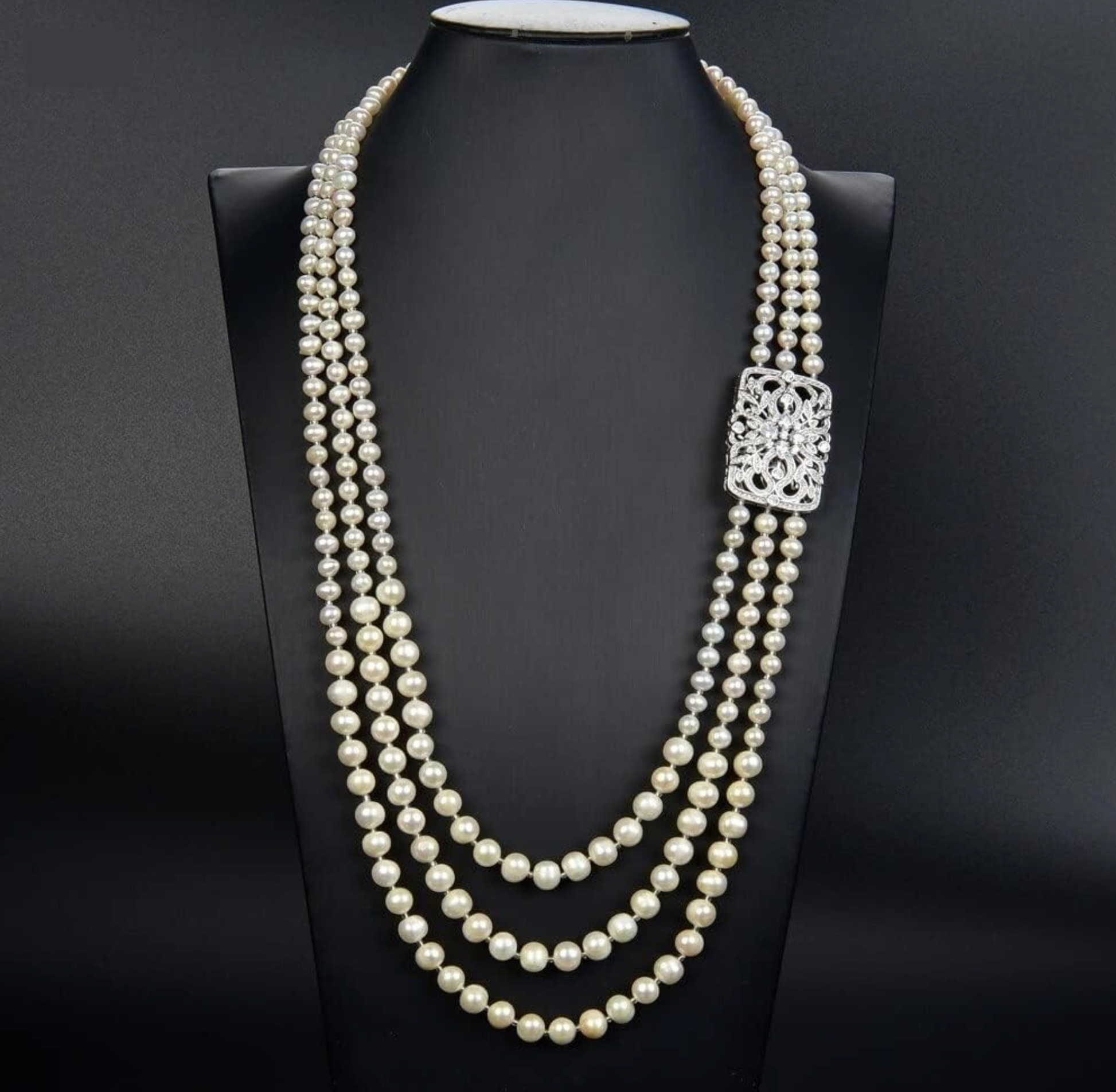 3-Strand Freshwater Pearl Necklace with Ornate Silver Clasp - 26-30 Inch Graduated Length - 7-10mm Pearls - Bridal Statement Jewelry