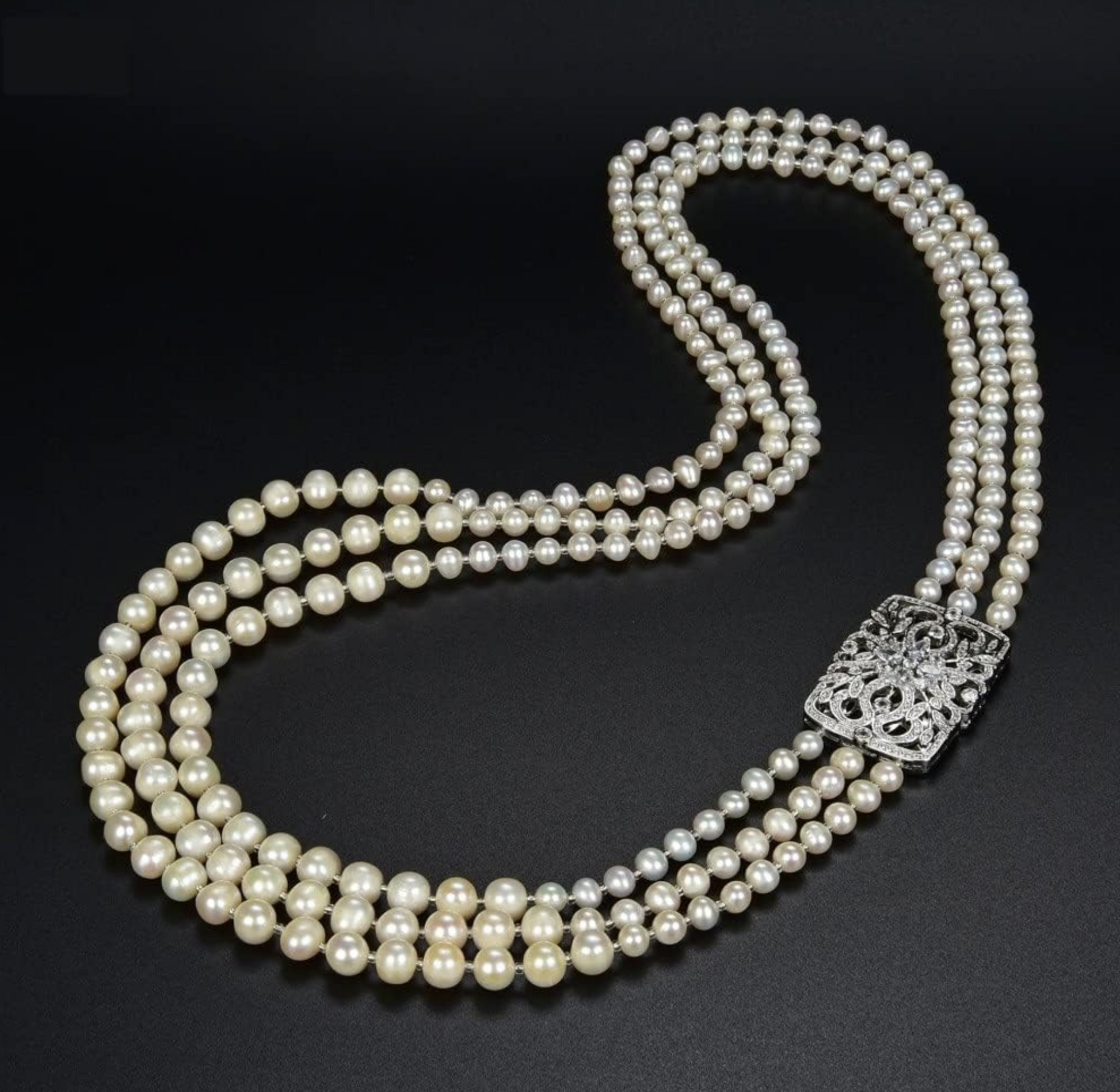 3-Strand Freshwater Pearl Necklace with Ornate Silver Clasp - 26-30 Inch Graduated Length - 7-10mm Pearls - Bridal Statement Jewelry