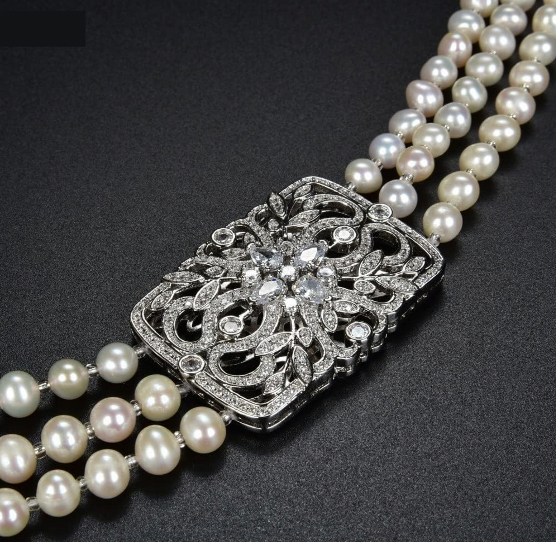 3-Strand Freshwater Pearl Necklace with Ornate Silver Clasp - 26-30 Inch Graduated Length - 7-10mm Pearls - Bridal Statement Jewelry