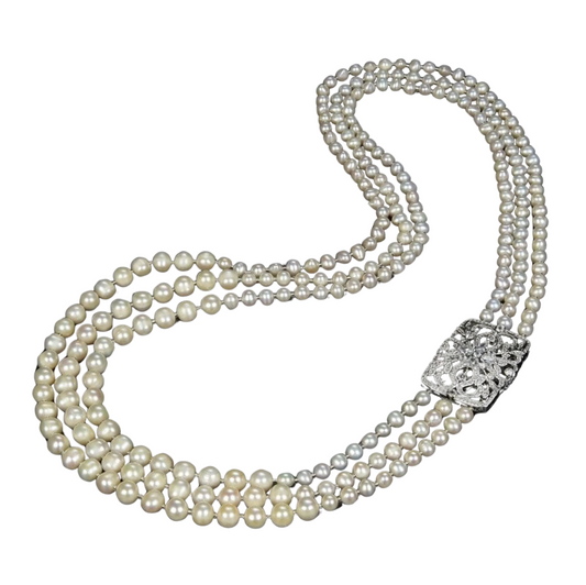 3-Strand Freshwater Pearl Necklace with Ornate Silver Clasp - 26-30 Inch Graduated Length - 7-10mm Pearls - Bridal Statement Jewelry