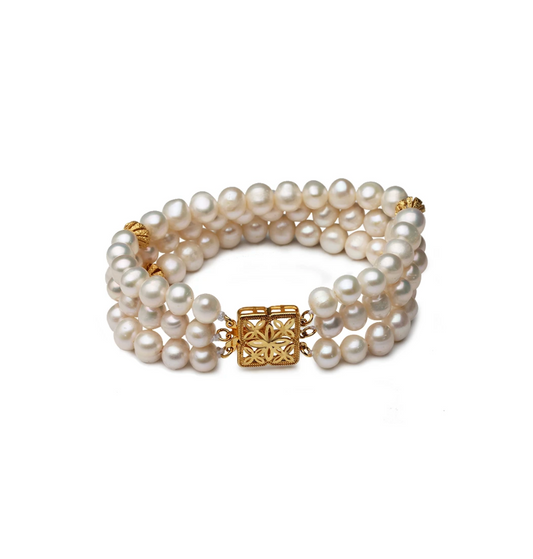 Freshwater Pearl & Goldtone Three-Row Clover Bracelet