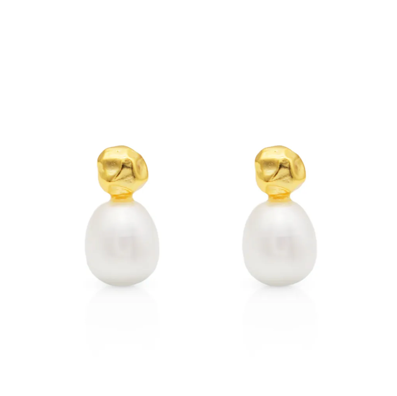 18K Gold Plated Sterling Silver & White Freshwater Pearl Stud Earrings - Signature Pearls