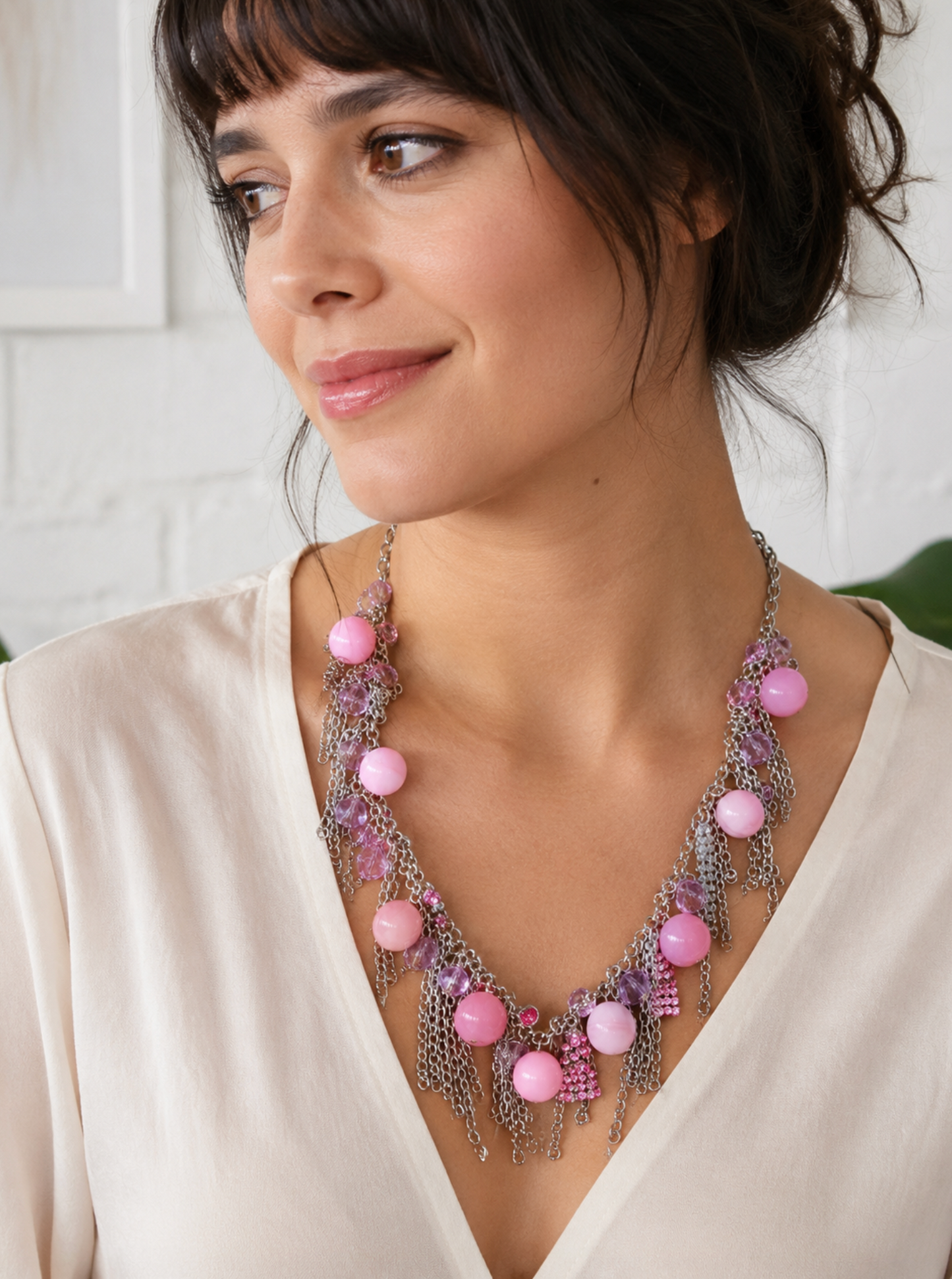 InstaGlam Pink Vintage Glass & Chain Fringe Statement Necklace