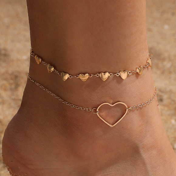 Goldtone Set Of 2 Heart Anklets