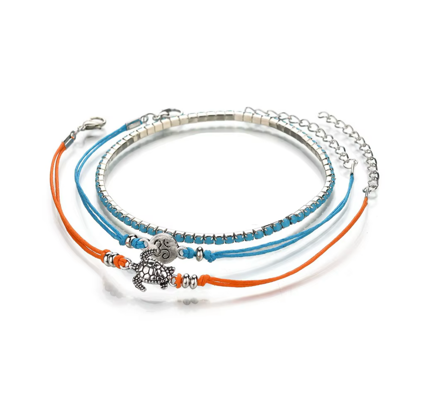 Blue Orange Anklet With Ohm And Turtle Charms