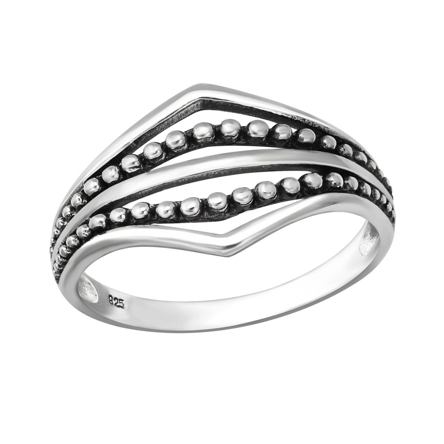 Sterling Silver Oxidized Dotted & Chevron Ring