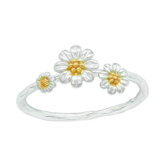 24K Gold-Plated & Sterling Silver Triple-Daisy Ring