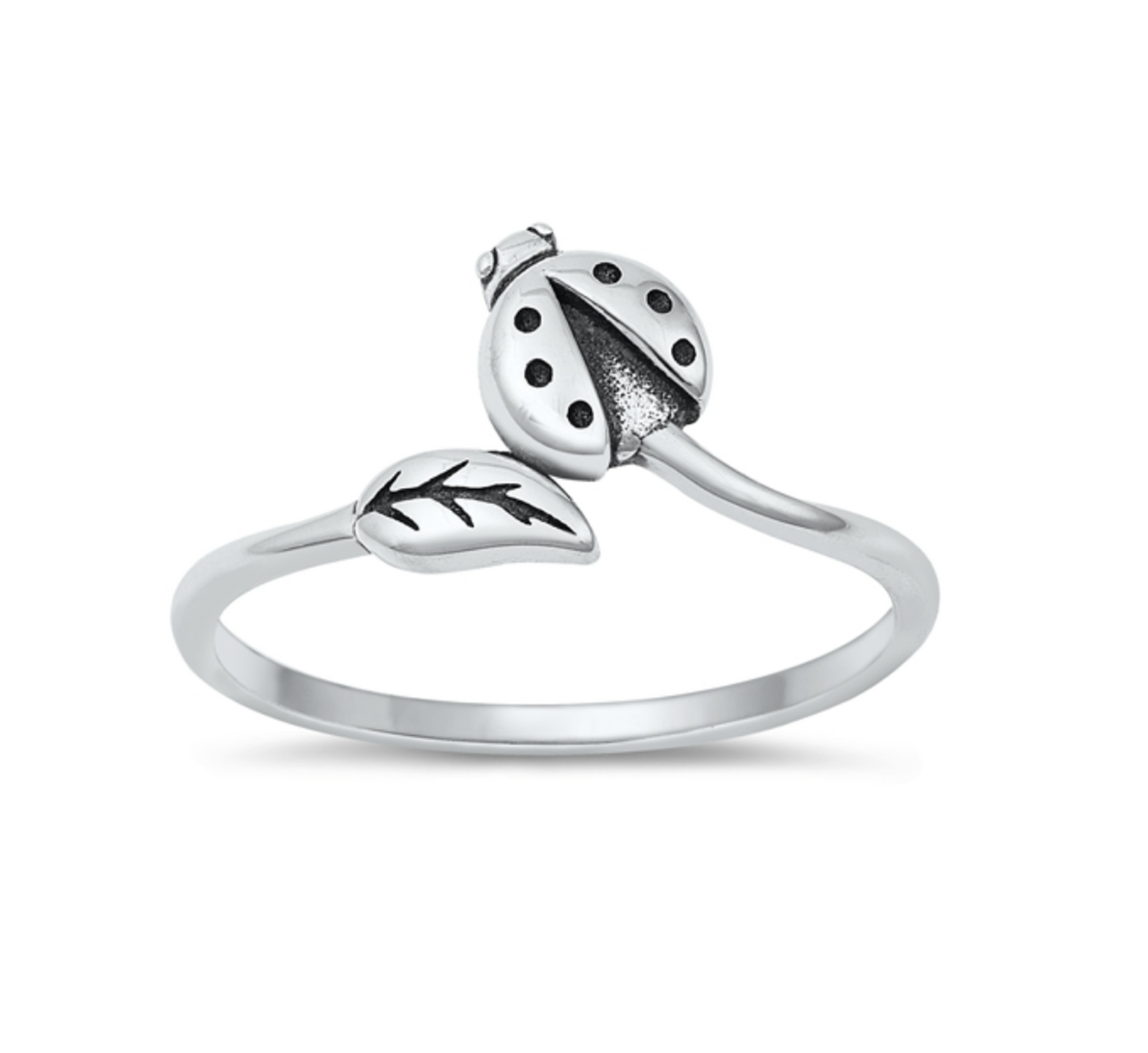 Sterling Silver Oxidized Ladybug & Leaf Ring