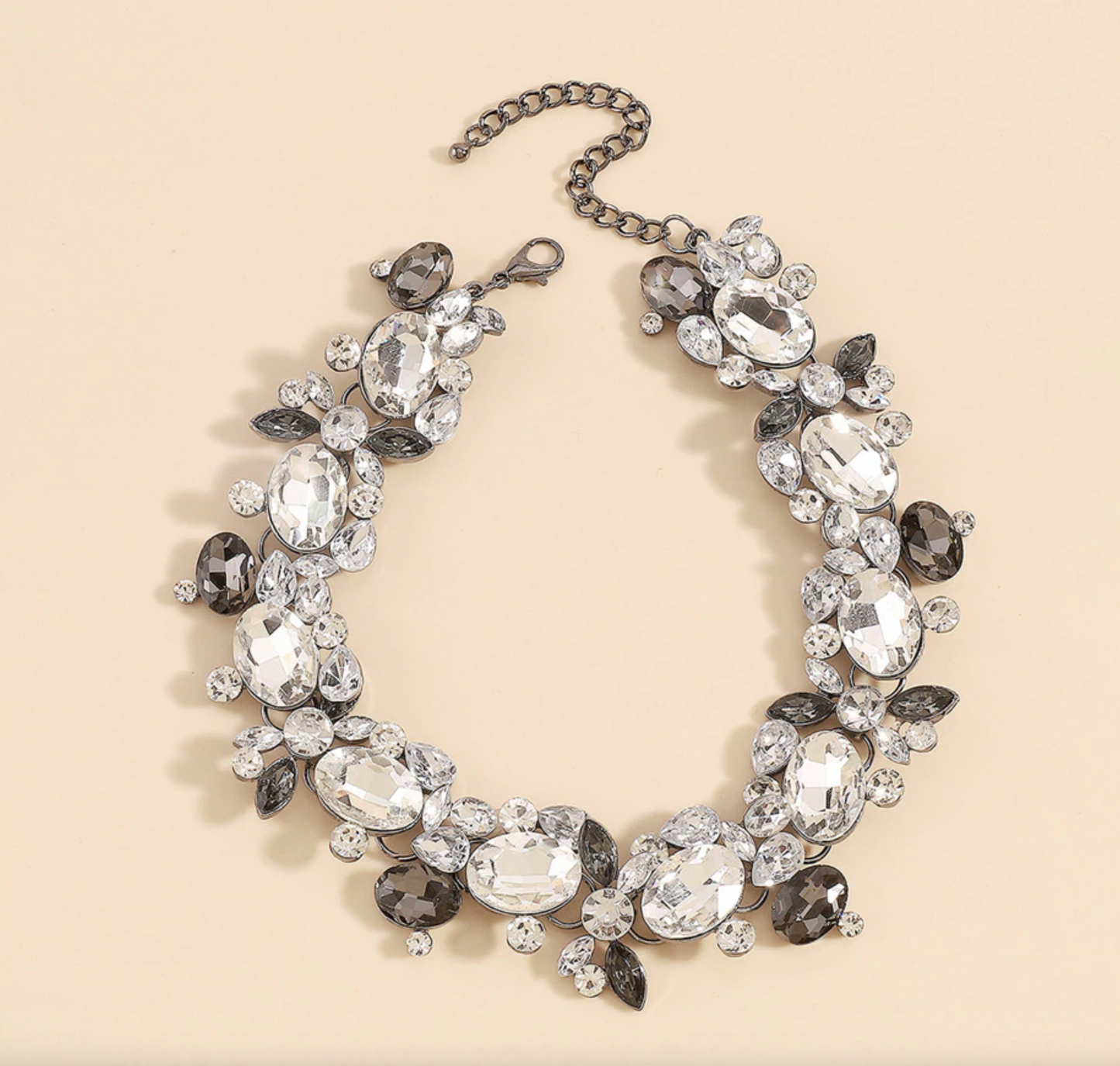 Crystal and Silvertone Floral Leaf Statement Choker Necklace