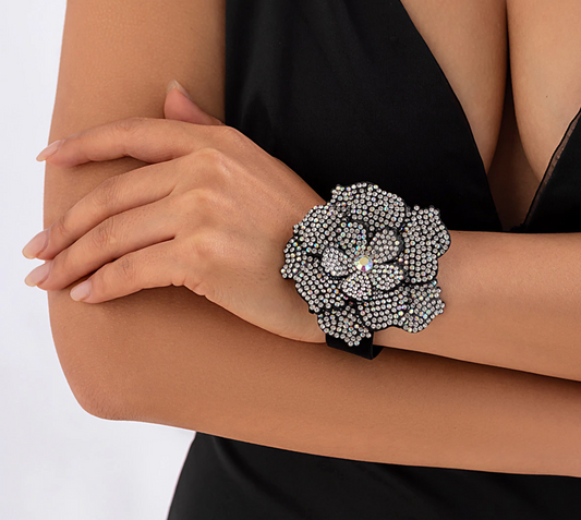 Black And Crystal Flower Cuff Bracelet