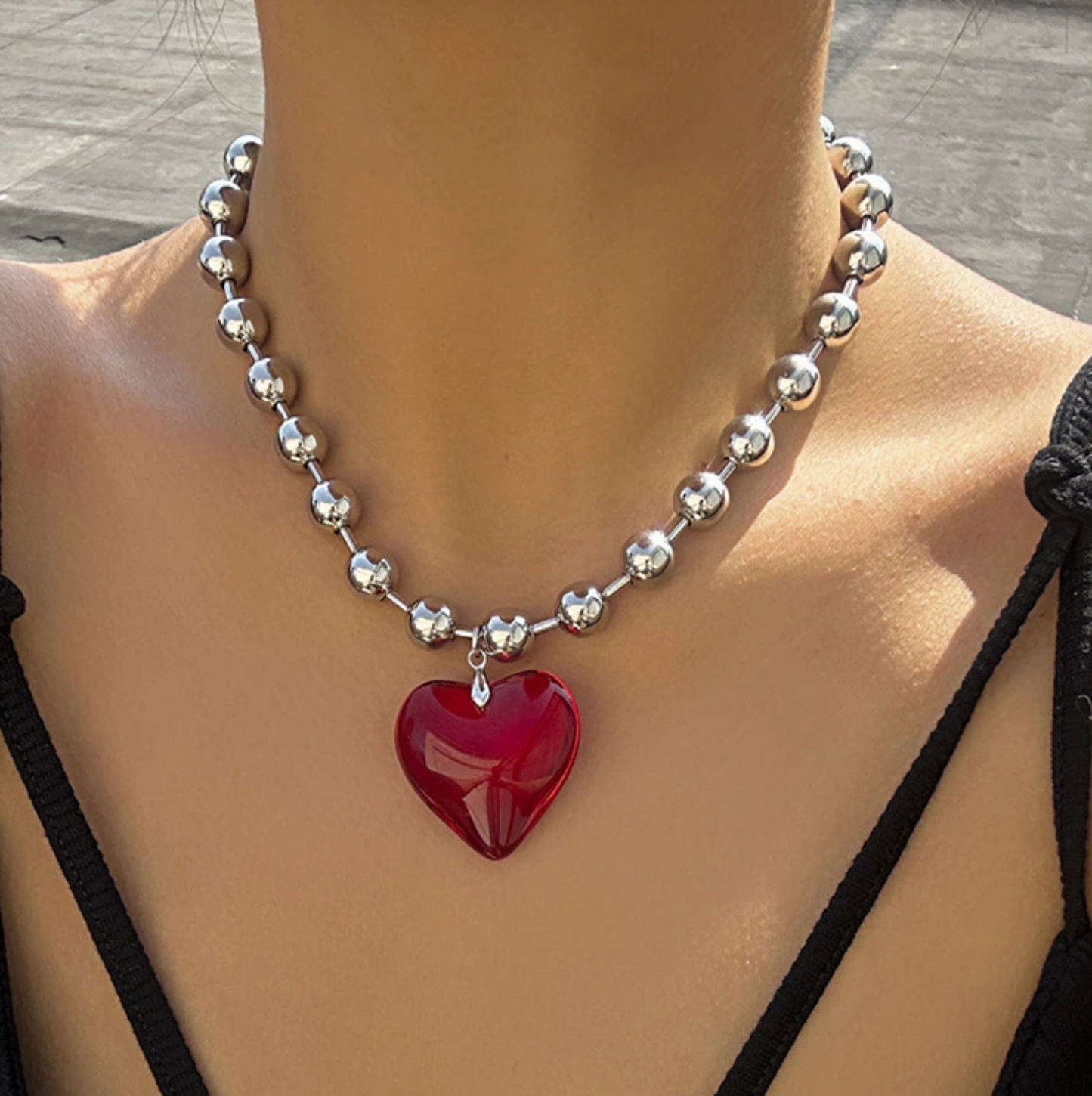 Silvertone Ball Chain & Red Crystal Heart Pendant Necklace