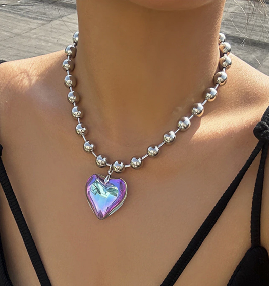 Silvertone Ball Chain & Iridescent Heart Pendant Necklace