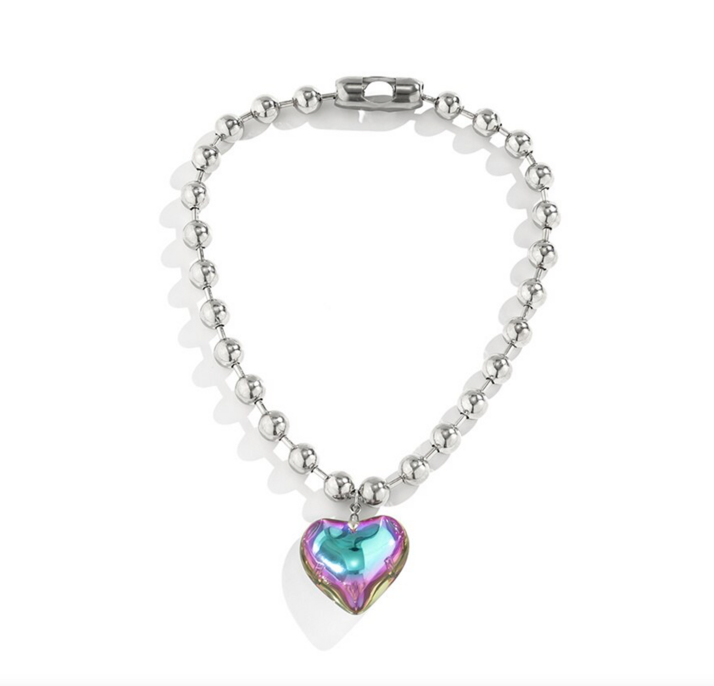 Silvertone Ball Chain & Iridescent Heart Pendant Necklace