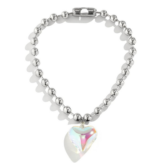 Silvertone Ball Chain & Green Iridescent Crystal Heart Pendant