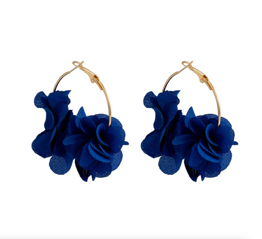 Navy Blue and Goldtone Flower petal Hoop Earring
