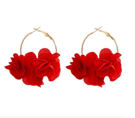 Goldtone & Red Clustered Floral Hoop Earrings