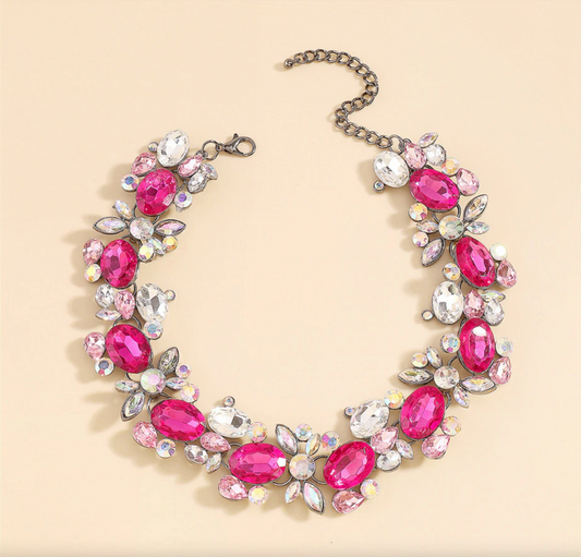 Silvertone Pink Crystal Floral & Leaf Choker Necklace