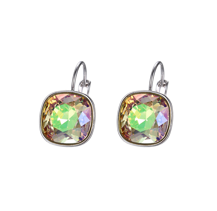 Silvertone Cushion Cut Crystal Leverback Earrings