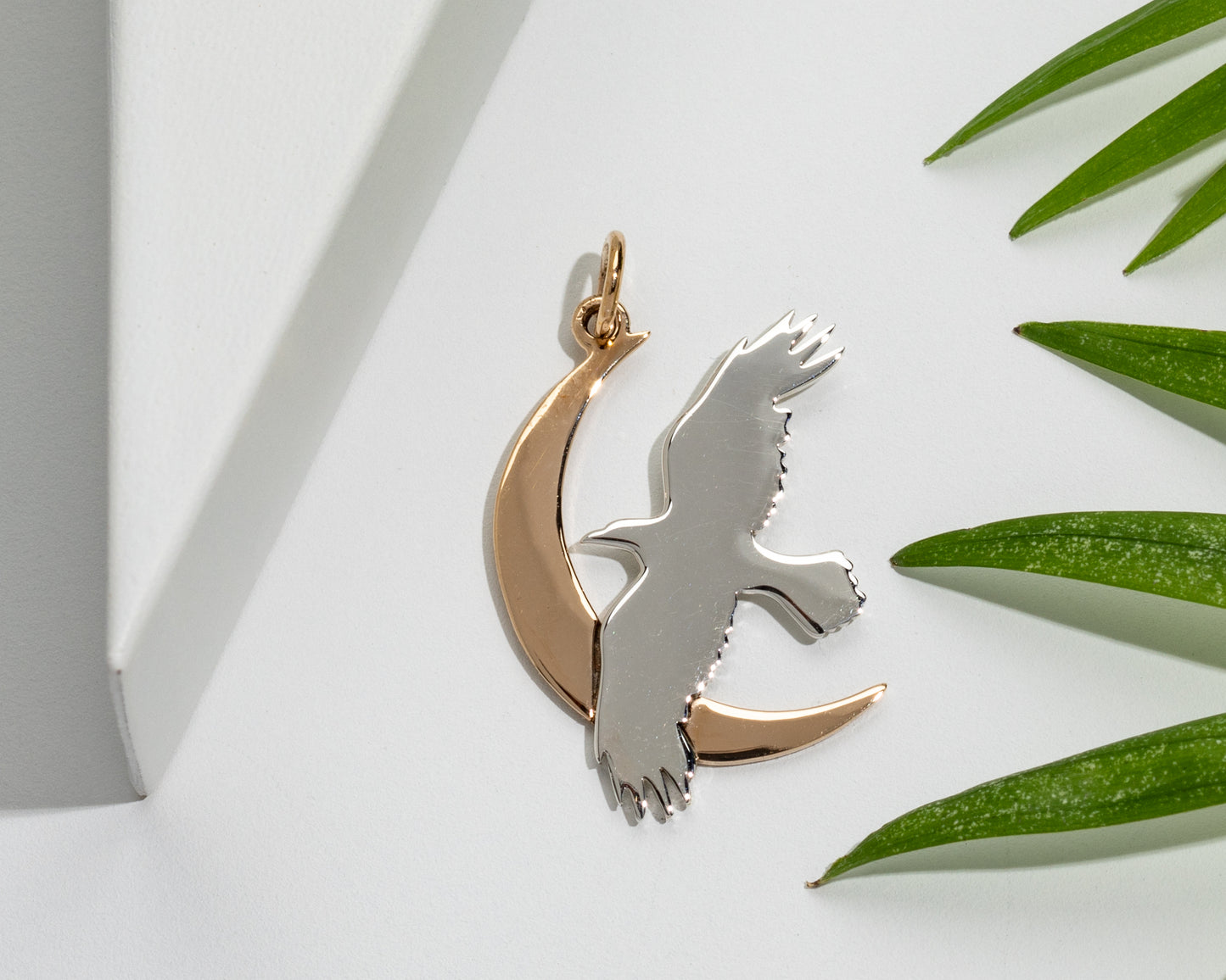 Sterling Silver Flying Bird & Bronze Moon Pendant