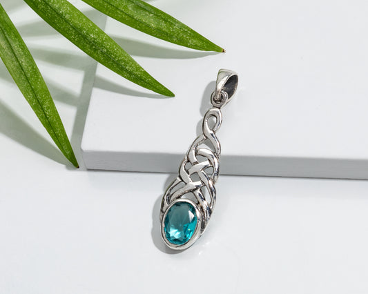 Blue Cubic Zirconia & Sterling Silver Celtic Weave Pendant