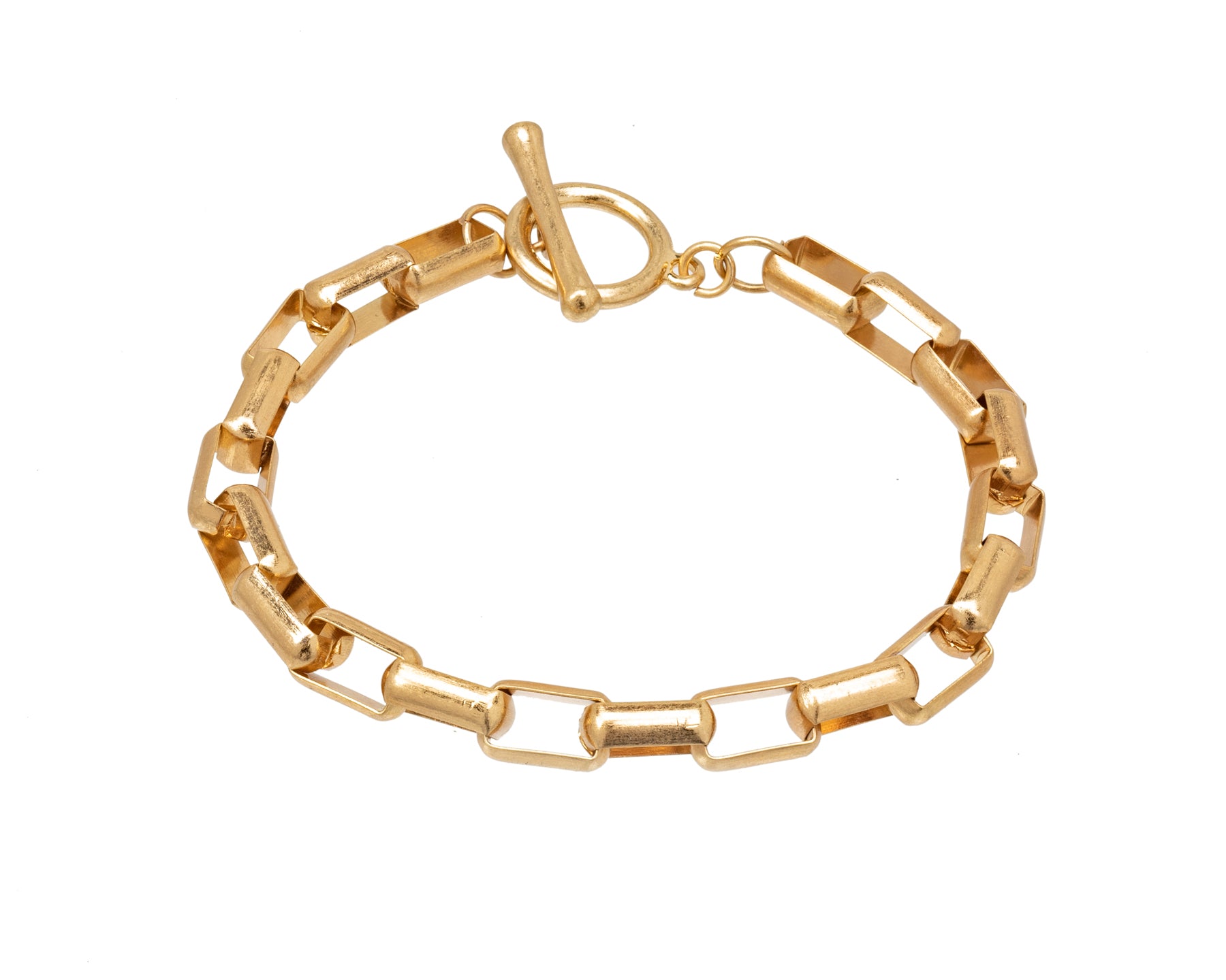 Gold-tone rectangular chain-link bracelet with a toggle clasp
