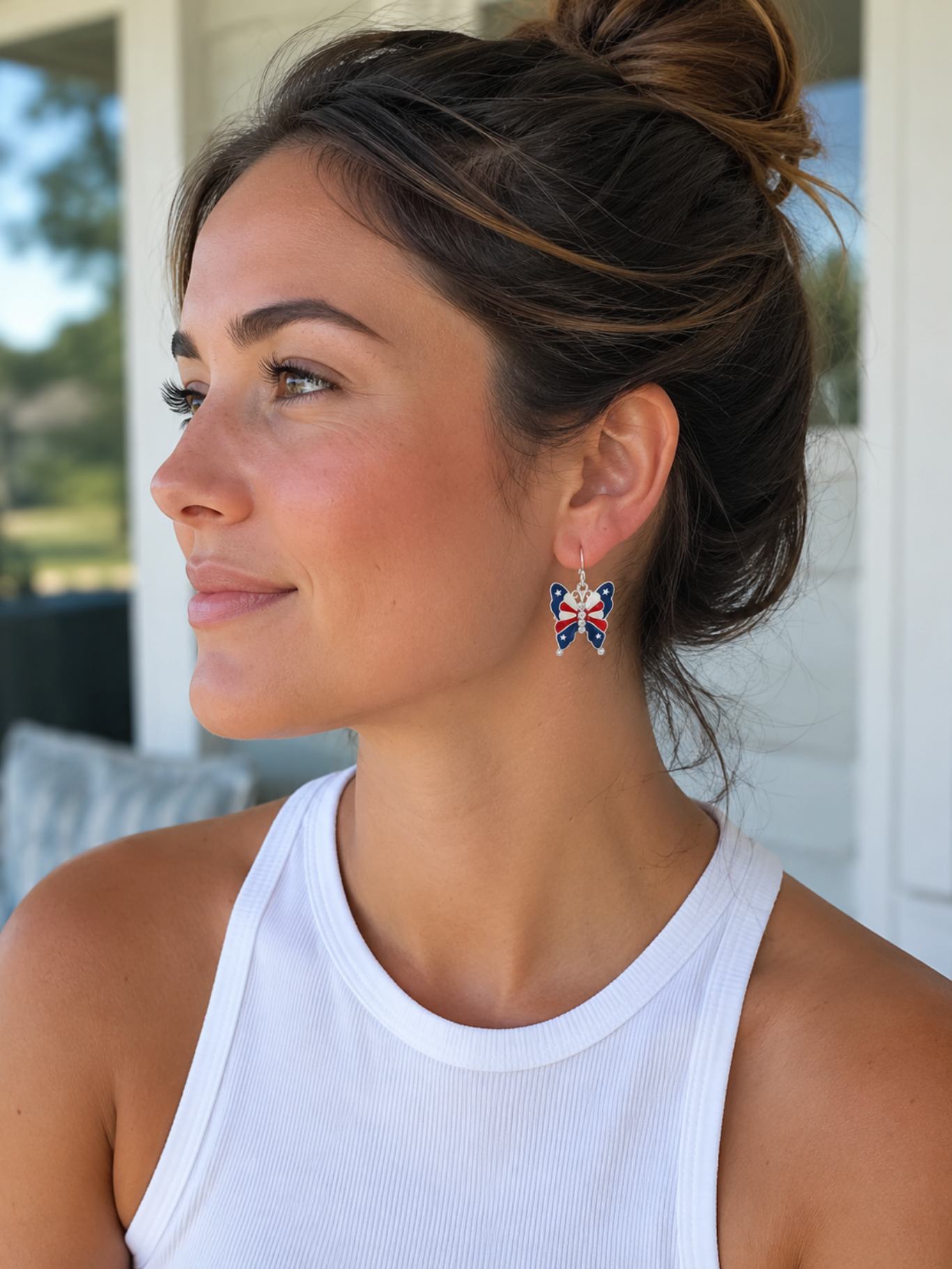 Silvertone Butterfly Earrings with Stars and Stripes