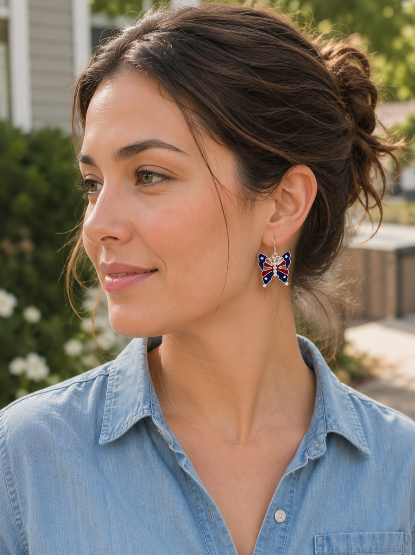 Silvertone Butterfly Earrings with Stars and Stripes