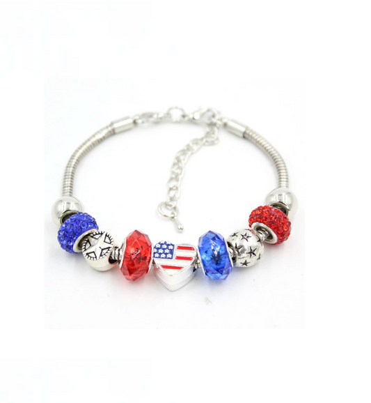 Red & Blue American Flag Silvertone Charm Bracelet