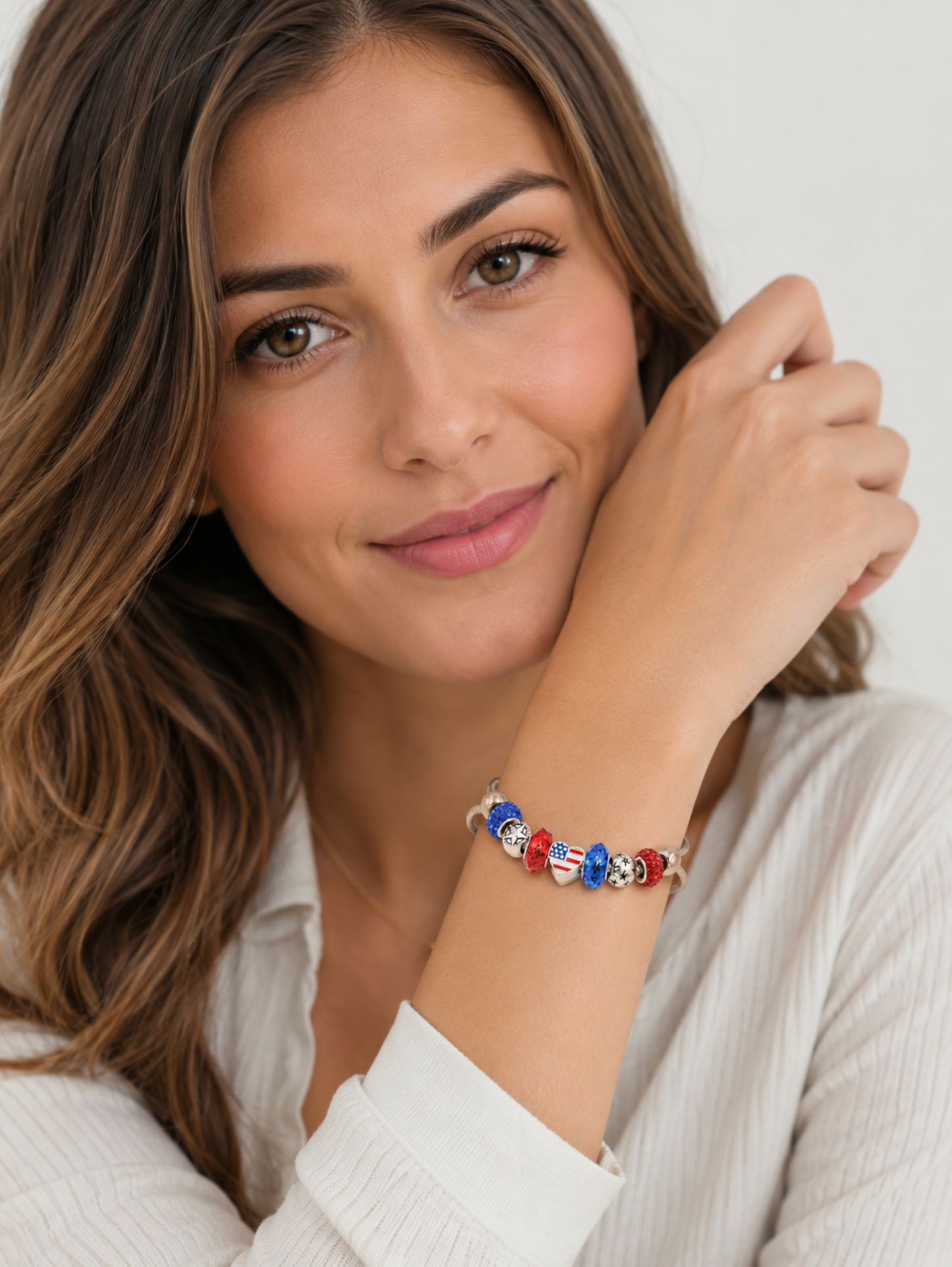 Red & Blue American Flag Silvertone Charm Bracelet