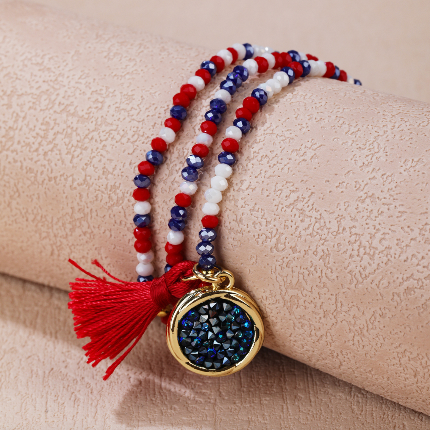 Goldtone Stackable Beaded Bracelet Set With Tassel And Bermuda Blue Crystal Charm