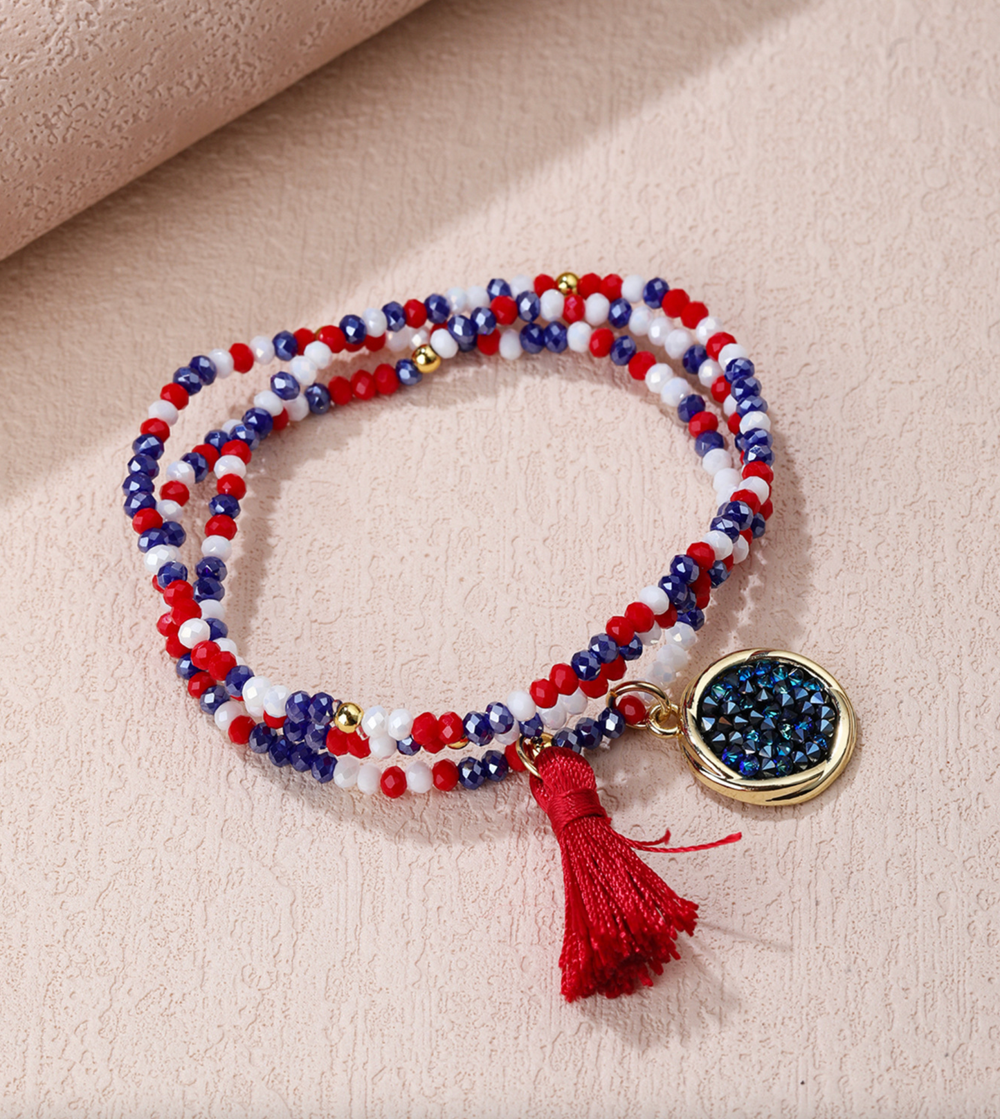 Goldtone Stackable Beaded Bracelet Set With Tassel And Bermuda Blue Crystal Charm