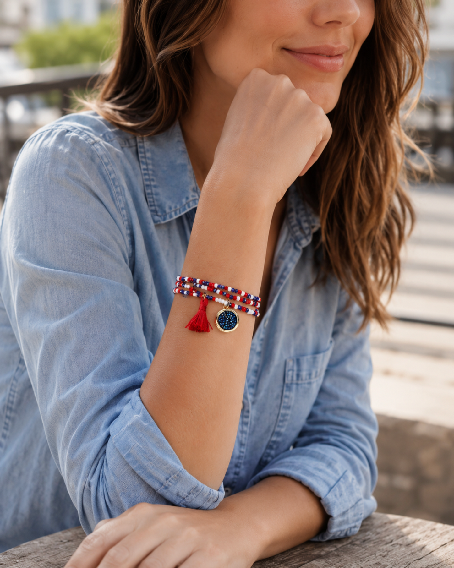Goldtone Stackable Beaded Bracelet Set With Tassel And Bermuda Blue Crystal Charm