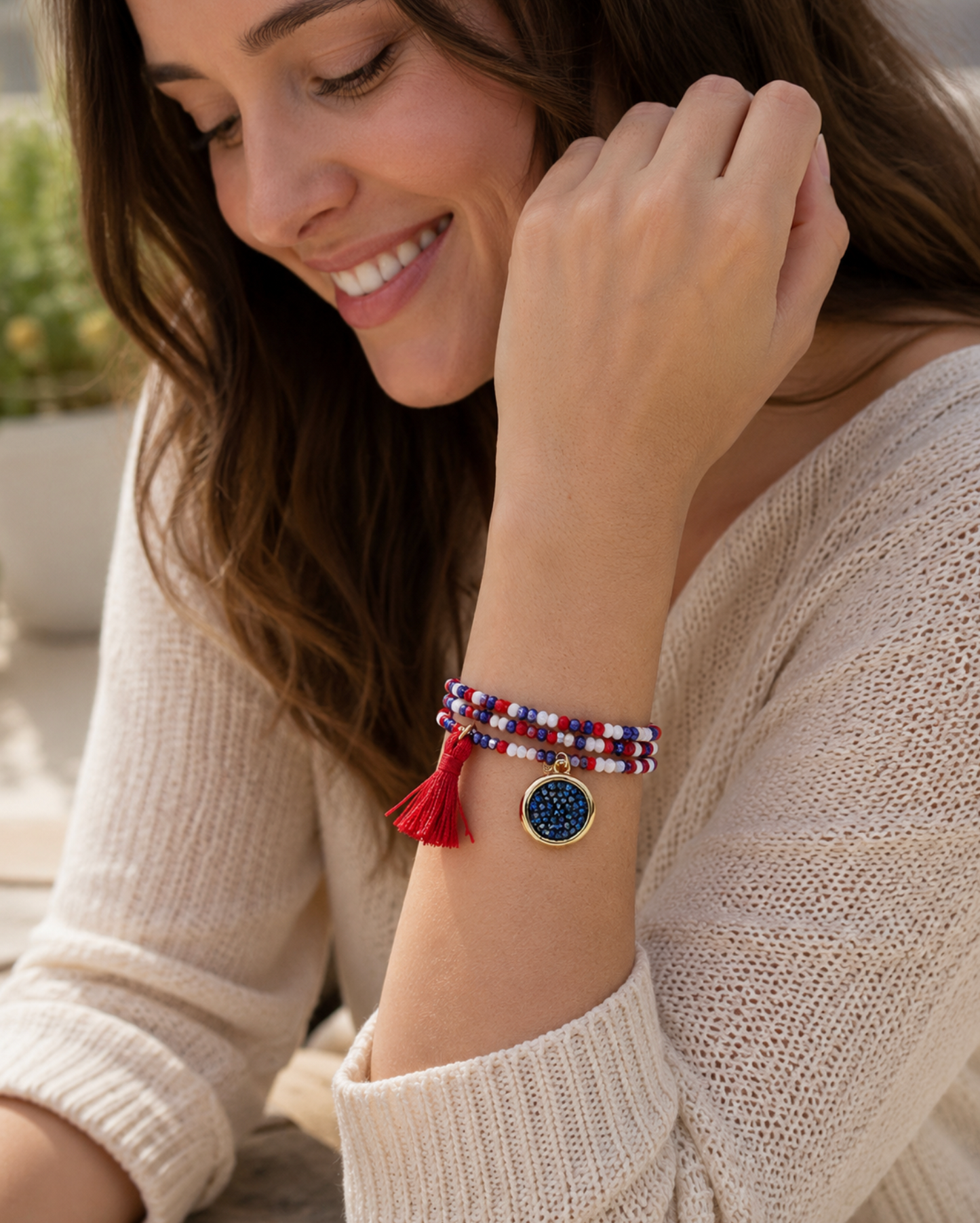 Goldtone Stackable Beaded Bracelet Set With Tassel And Bermuda Blue Crystal Charm