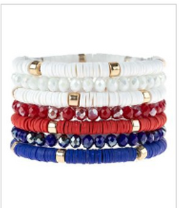 White, Red And Blue Heishi Beaded Bracelet Set