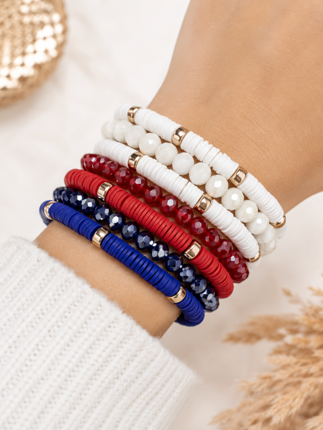 White, Red And Blue Heishi Beaded Bracelet Set