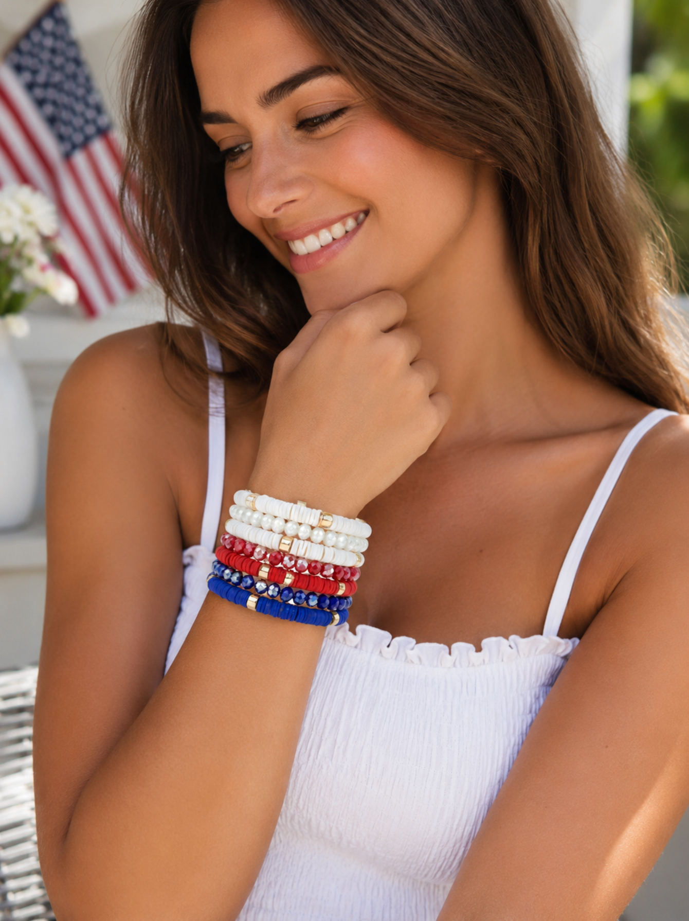 White, Red And Blue Heishi Beaded Bracelet Set